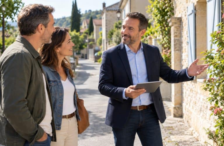 un conseiller immobilier de proximité discute avec des clients devant une maison